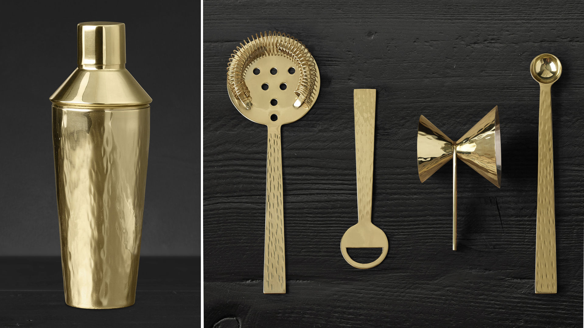Restoration Hardware hammered brass barware